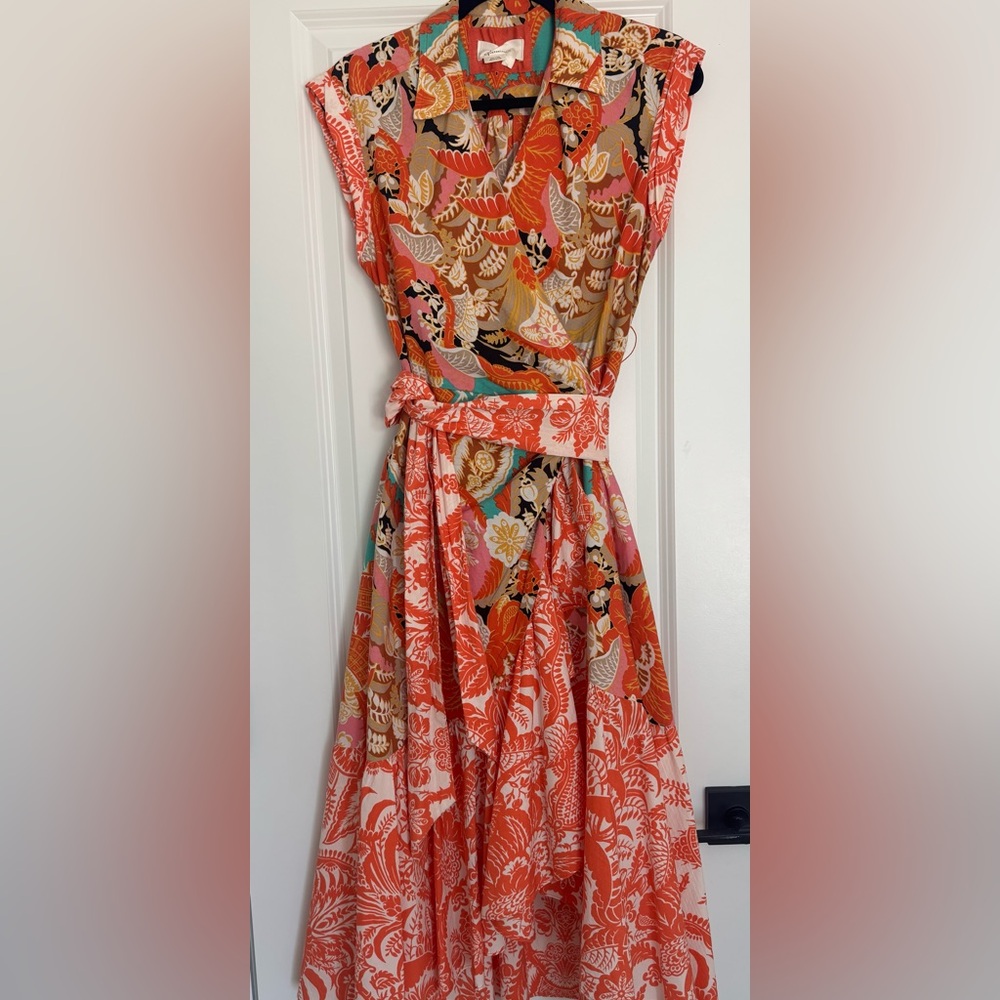 Anthropologie Coral and Teal Floral Printed Dress